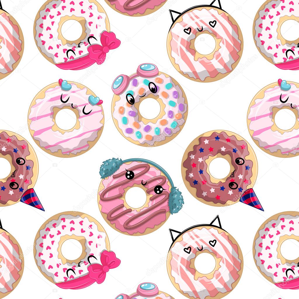 Seamless pattern with cute cartoon donuts