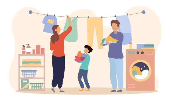 Ευτυχισμένη οικογένεια στεγνώνει ρούχα μαζί — Διανυσματικό Αρχείο