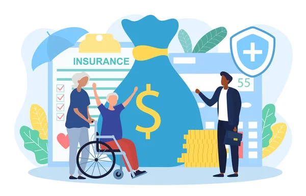 Une femme âgée reçoit une indemnisation financière grâce à une assurance maladie — Image vectorielle