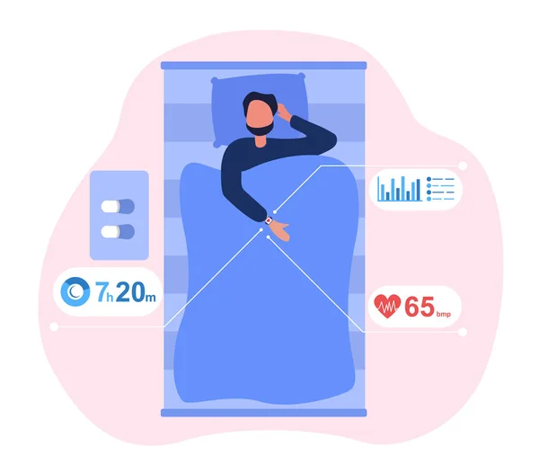 Man karakter ligt in bed met slaap app — Stockvector