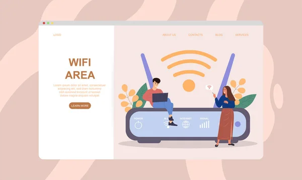 Männliche und weibliche Charaktere nutzen Wifi neben Wifi-Router — Stockvektor