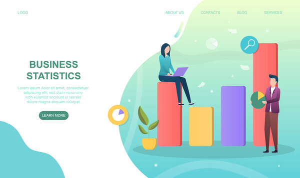 Male and female characters are working on business statistics