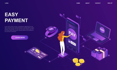 Modern kolay ödeme yöntemini kullanan genç bir kadın karakter.