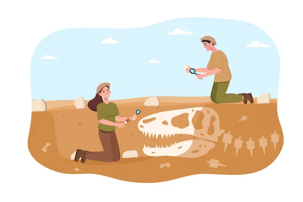 Мужчина и женщина-археолог обнаружили останки динозавров под землей — стоковый вектор