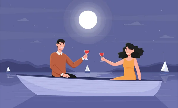Coppia sorridente in un romantico appuntamento notturno in barca — Vettoriale Stock