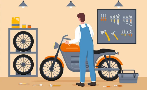 Mannelijke monteur is het aanpassen van motorfiets bij de dienst garage — Stockvector