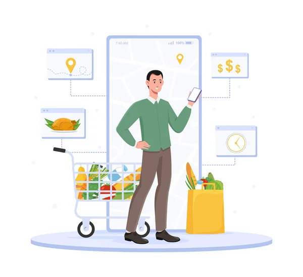 Hombre personaje está utilizando supermercado en línea en su teléfono — Vector de stock