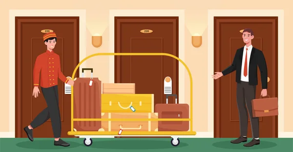 Portero masculino ayuda al cliente a llevar su equipaje a su habitación — Archivo Imágenes Vectoriales