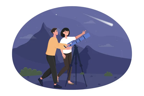 Happy cute couple are stargazing on a romantic night date — Stock Vector