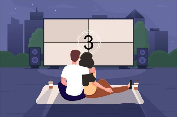 Feliz casal bonito está assistindo a um filme em um cinema ao ar livre —  Vetores de Stock