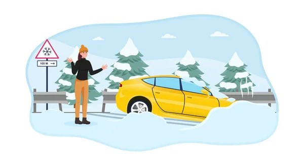 女性のキャラクターは彼女の車を滑りやすい雪道で滑らせました — ストックベクタ