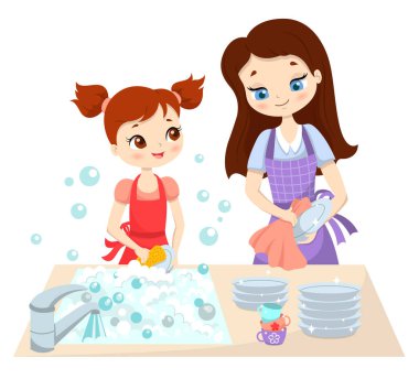 Anne ve küçük kız bulaşıkları beraber yıkıyorlar.