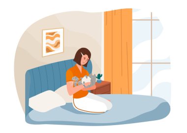 Kadın karakter sevimli kediye sarılıyor.