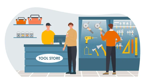 Visiteurs masculins debout dans un magasin d'outils — Image vectorielle