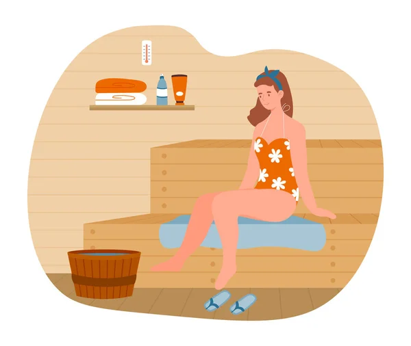 Young female character is relaxing in hot sauna bath. — Stock Vector