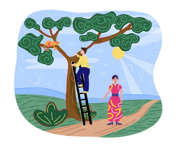 Male rescuer is removing the cat from the tree. — Stock Vector