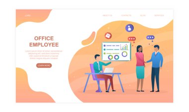 Erkek ve kadın karakterler ofiste çalışıyor.