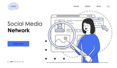 Sosyal medya ağının sunum slaytını gösteren büyüteçli kadın karakter