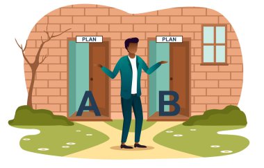 Male character is standing next to two doors and trying to choose the right path clipart