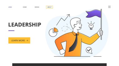 Liderlik kavramı, elinde bayrak tutan hırslı bir adam.