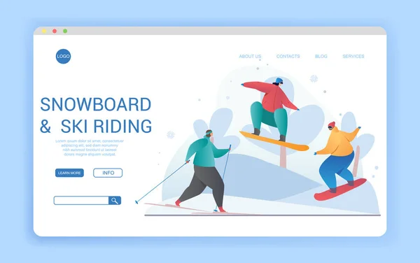 Modello di design del sito web per lo snowboard e lo sci in inverno — Vettoriale Stock
