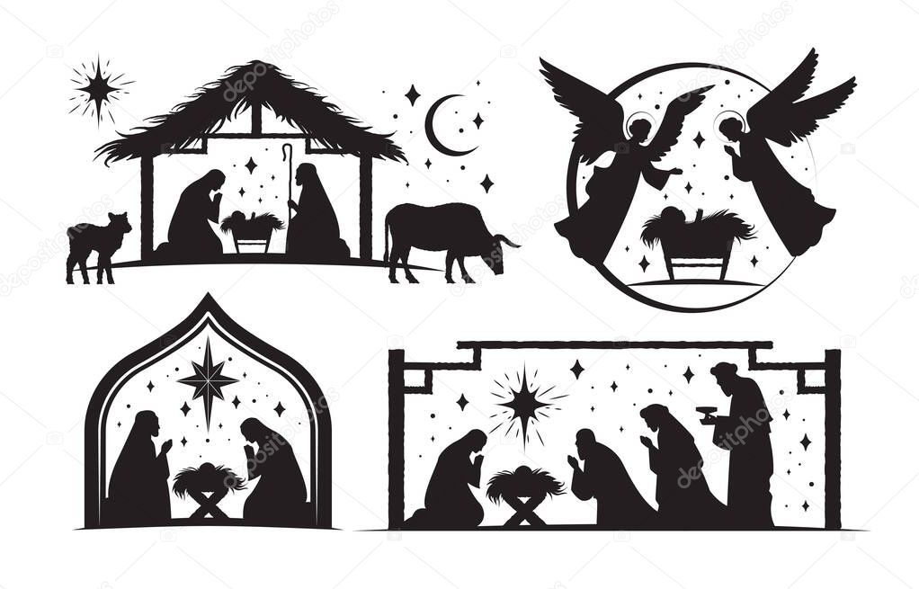 Set of four silhouetted nativity scenes for Christmas