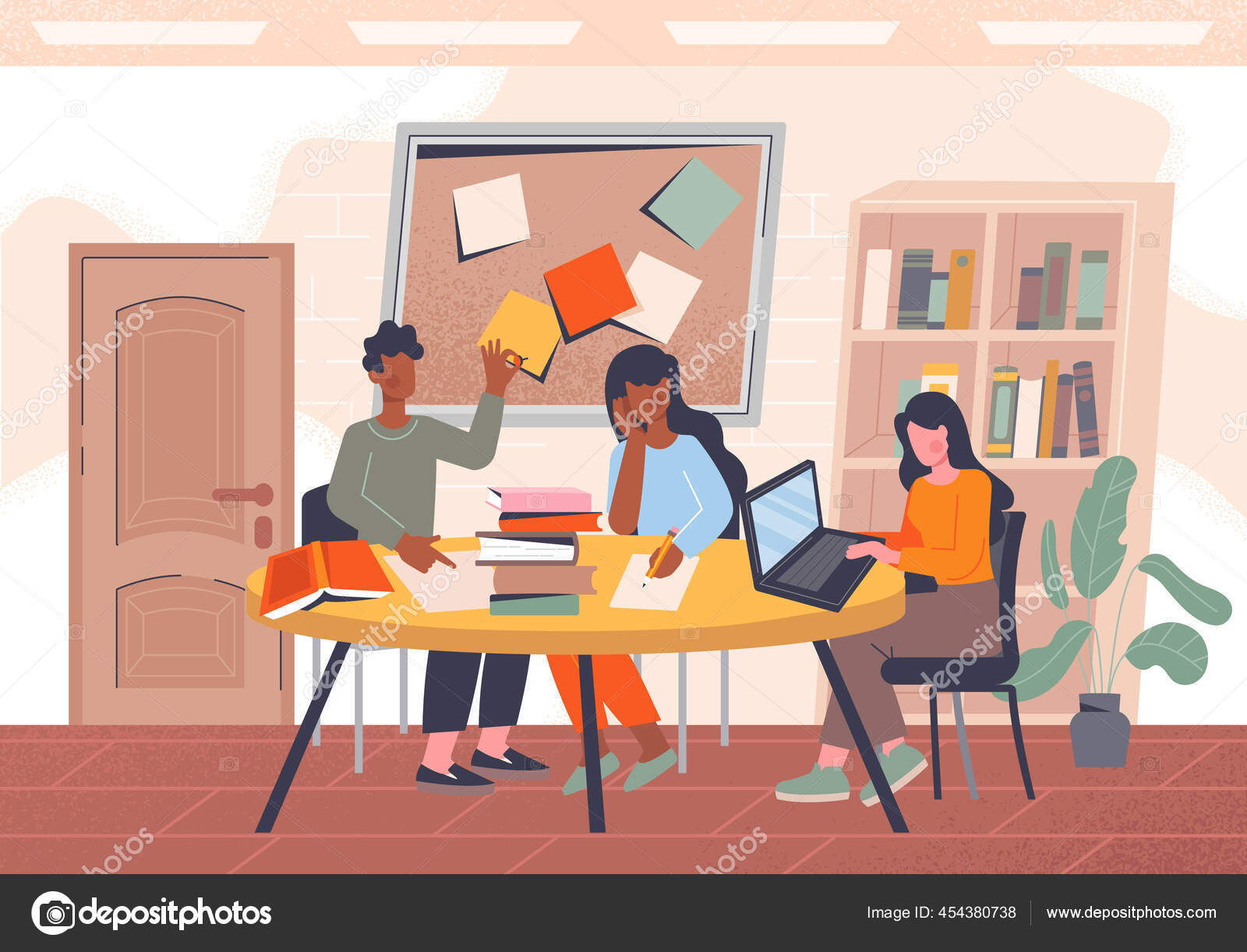 Grupo de estudiantes que estudian juntos en una mesa en la universidad  Vector de stock #454380738 de ©mentalmind, image size:1600x1222