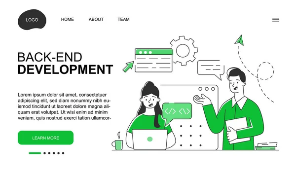 Männliche und weibliche Charaktere arbeiten an Backend-Entwicklung — Stockvektor