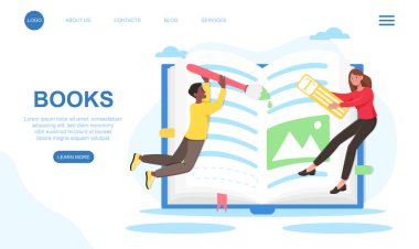 Erkek ve kadın karakterler birlikte büyük bir kitap yaratıyorlar.