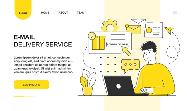 Jonge mannelijke karakter bestellen e-mail levering op laptop — Stockvector