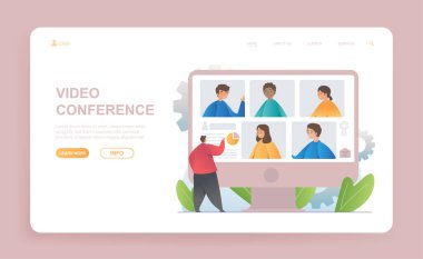 Video konferansına katılan erkek ve kadın karakterler