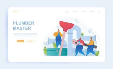 Erkek muslukçu ustaları birlikte temizleme borusunda.