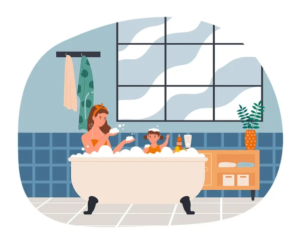 Mother is taking a bath with her daughter at home — Stock Vector