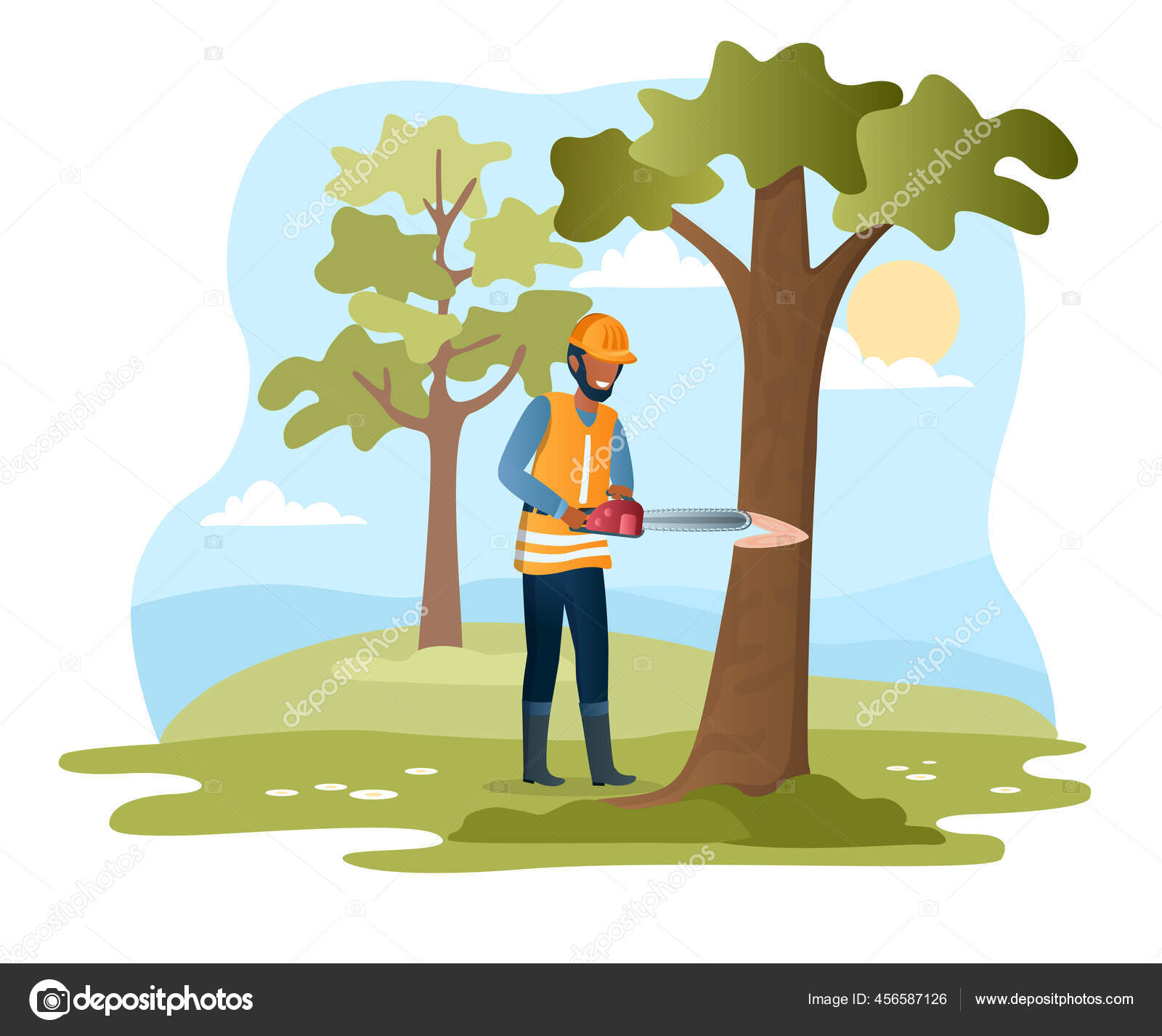 Ilustração Do Estilo Do Esboço Do Desenho Do Cirurgião Da Árvore Do  Arborista Do Lenhador Que Usa O Capacete Que Prende Que Opera Uma Motosserra  Vista Do Círculo Interno Do Grupo Dianteiro
