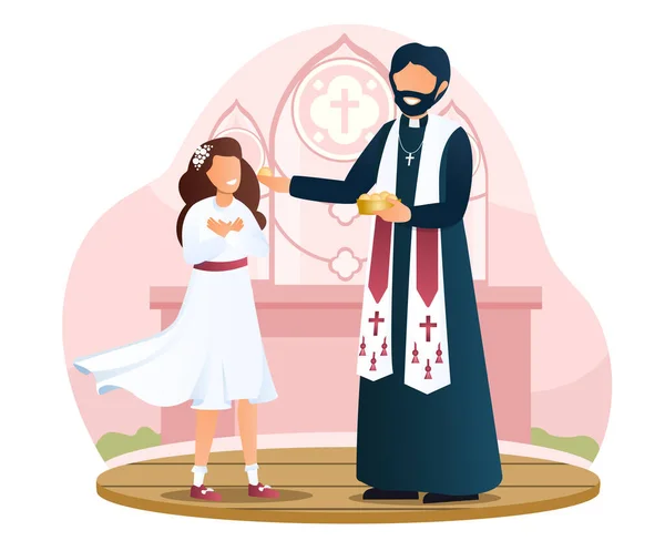 Маленькая девочка в белом платье причащается в церкви — стоковый вектор