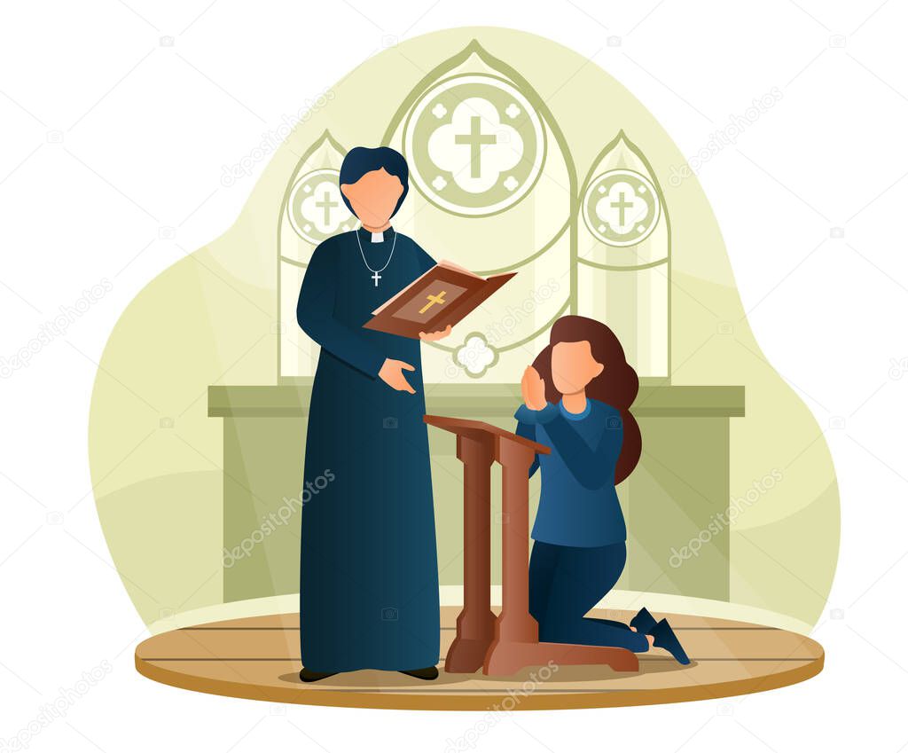 Female character is standing on her knees and making a confession to priest