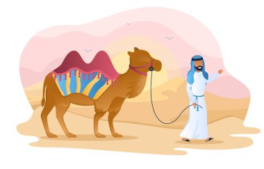 Erkek Arap karakteri çölde devenin üzerinde yürüyor.