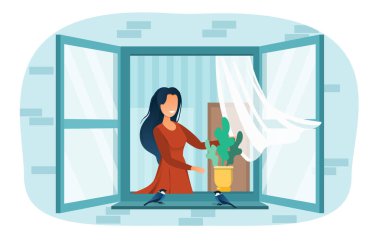 Gülümseyen kadın komşu kızı açık pencerede hayal kuruyor