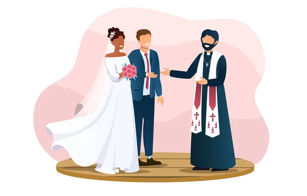 Şirin bir düğün çifti ve rahip dışarıda bekliyorlar. — Stok Vektör