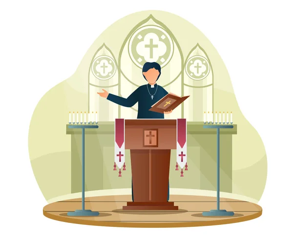Mężczyzna ksiądz wygłasza mowę z trybun w kościele — Wektor stockowy