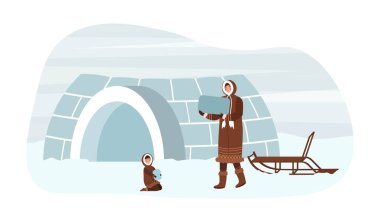 Eskimo çocuk ailesi ve babası Ingloo inşa ediyor..