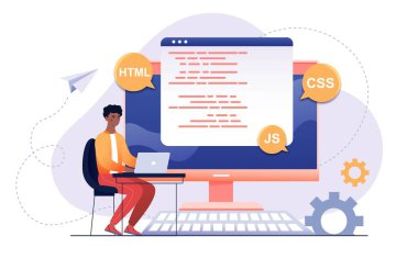 Script coding and programming in php, python, javascript, other languages concept. Software developers. Flat cartoon vector illustration design. Isolated on white background clipart svg vector 