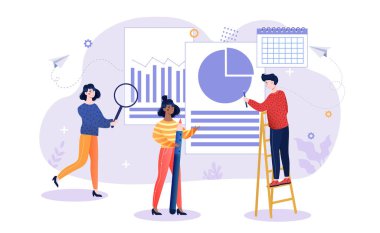 Turta grafiği ve iş bilgilerine sahip rapor belgesi üzerinde çalışan erkek ve kadın karakterler