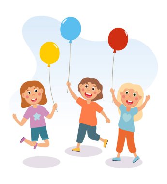 Küçük çocuklar renkli balonlarla birlikte eğleniyorlar.