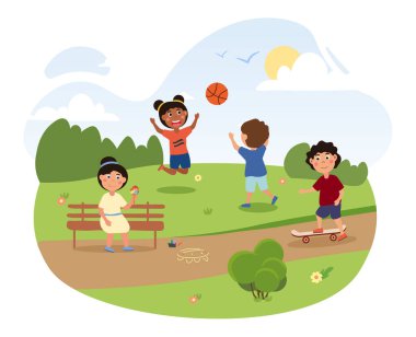 Mutlu küçük çocuklar parkta birlikte oynuyorlar.