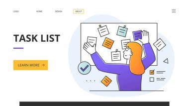 Bir duyuru panosundaki notları okuyan kadınla ilgili Görev Listesi kavramı