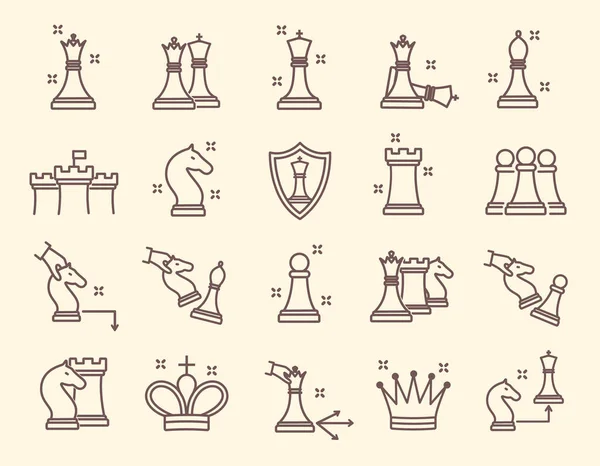 Grande conjunto de ícones de xadrez simples desenhados em linha — Vetor de Stock
