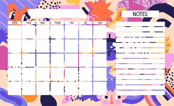 Kişisel gün ve notları olan bir ay planlayıcısı için renkli modern şablon — Stok Vektör