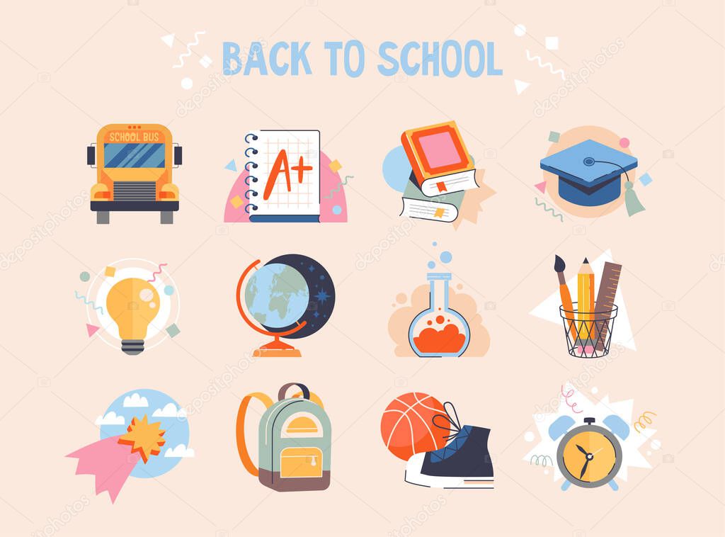 Back to school collection of badges or stickers for students with school supplies, school bus, globe, chemical flask, sports items and alarm clock. Set of colored flat Cartoon Vector Illustrations