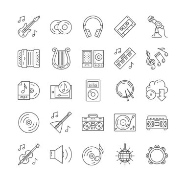 25 Outline Siyahi müzik ve müzik aletleri simgelerinden yeni sembollere simgeler